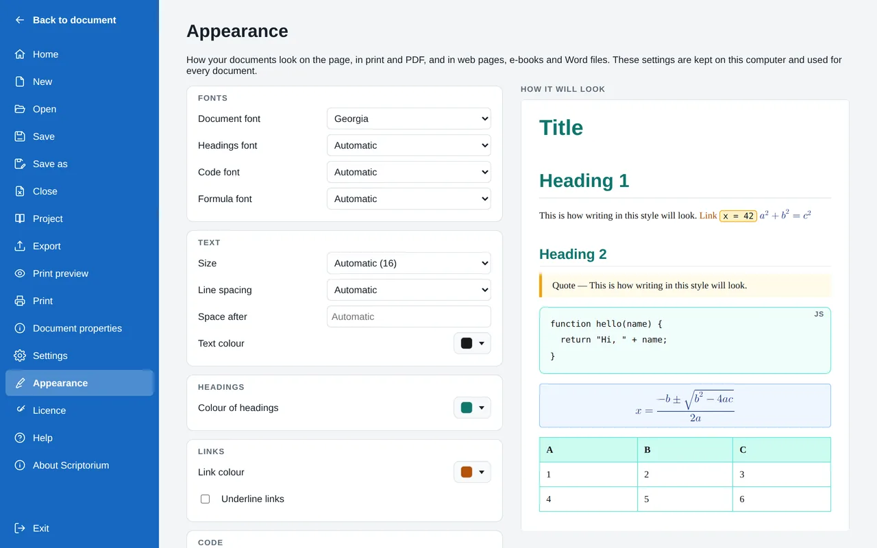 File, Appearance: settings for fonts, text, headings and links beside a preview with teal headings, an amber quotation bar, a framed code block, a formula in a blue box and a table with a teal heading row.