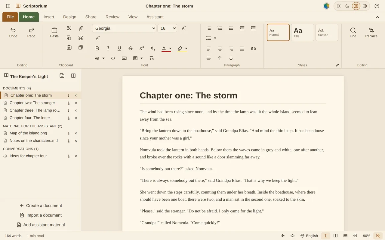 A book project called The Keeper&rsquo;s Light in the sepia theme: four chapters, a map, character notes and a conversation listed on the left, and chapter one, The storm, open on the page.