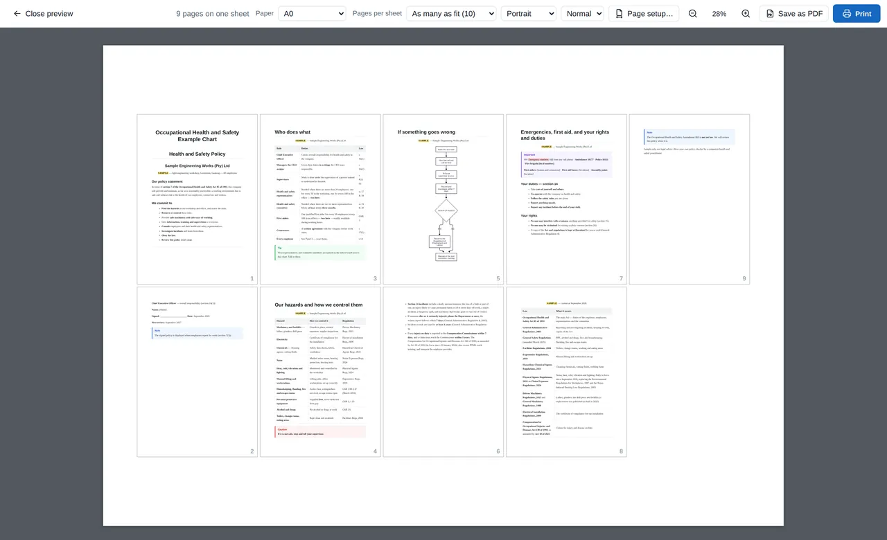 Nine pages of a health and safety policy on one A0 sheet.