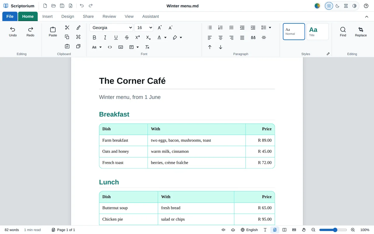 A café’s winter menu in the Pages view: the title, Winter menu, from 1 June, and tables for breakfast and lunch with rounded corners, teal lines and a pale teal heading row, under teal headings.