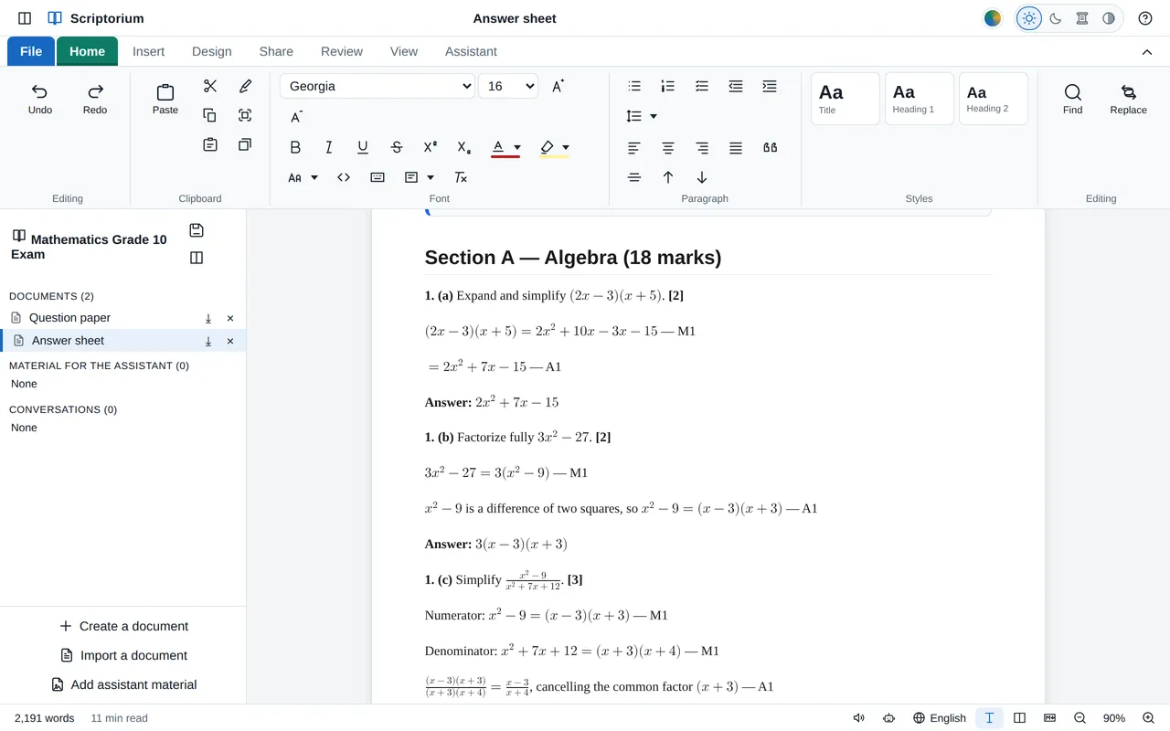 A Grade 10 mathematics exam project: the question paper and the answer sheet listed on the left, and the memo open with its working typeset.