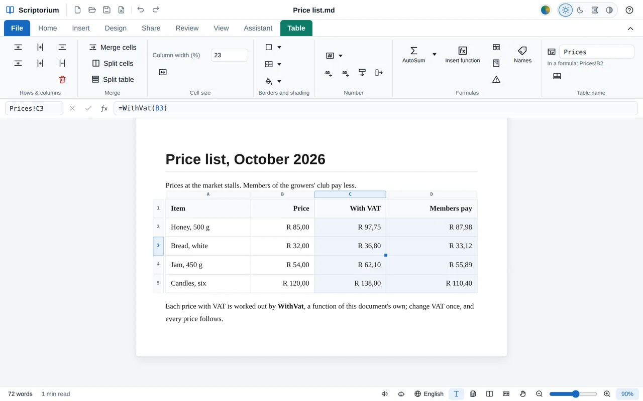 A price list whose With VAT column is worked out by =WithVat(B3), a LAMBDA named in the document, shown in the formula bar, and whose Members pay column by another, every price in rands