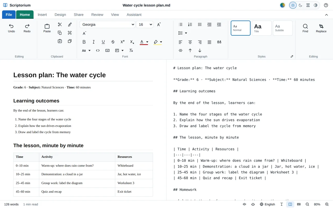 Scriptorium in the side-by-side view: a lesson plan on the water cycle laid out as a document on the left, and the same lesson plan as Markdown code on the right.