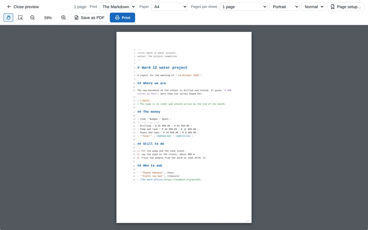 The print preview showing a report’s Markdown on an A4 page, every line numbered and in colour, with Print: The Markdown chosen in the bar