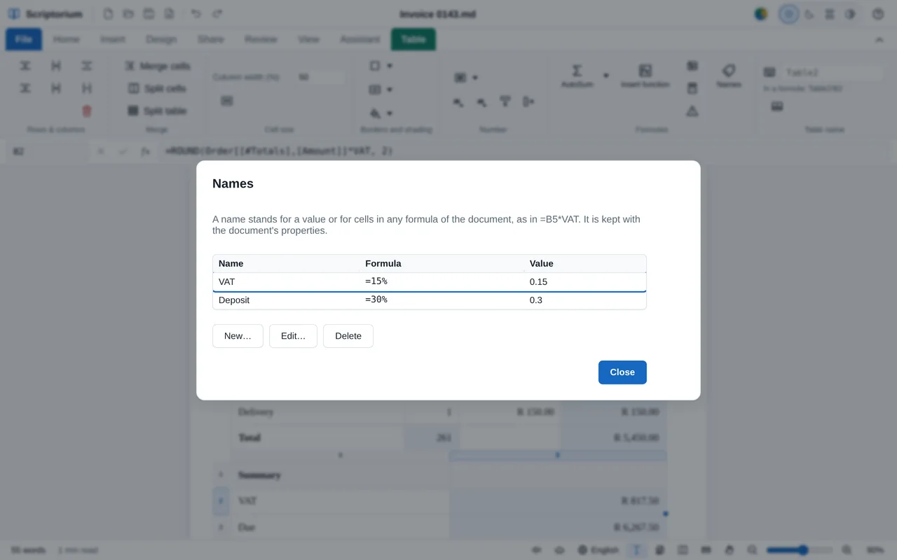 The Names box over an invoice: VAT is =15% and Deposit is =30%, each with its value, and buttons for New, Edit and Delete