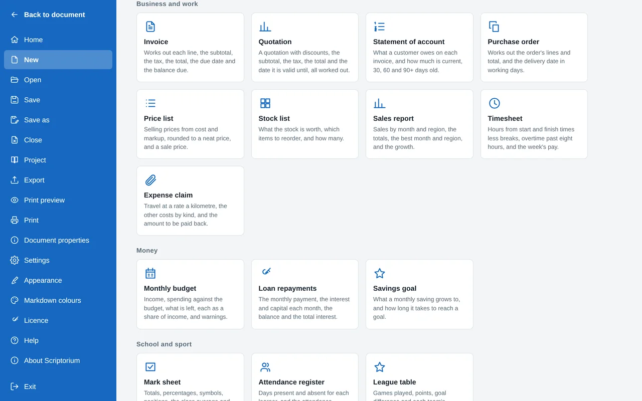 File, New: the templates in groups, with Business and work showing Invoice, Quotation, Statement of account, Purchase order, Price list, Stock list, Sales report, Timesheet and Expense claim, then Money with Monthly budget, Loan repayments and Savings goal, each with a line saying what it works out.